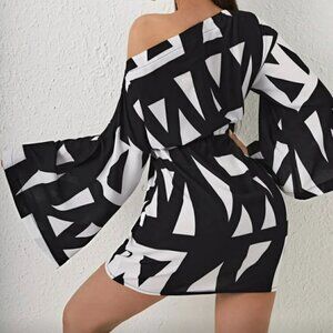 Geometric Print Off-the-Shoulder Dress With Bell Sleeves L